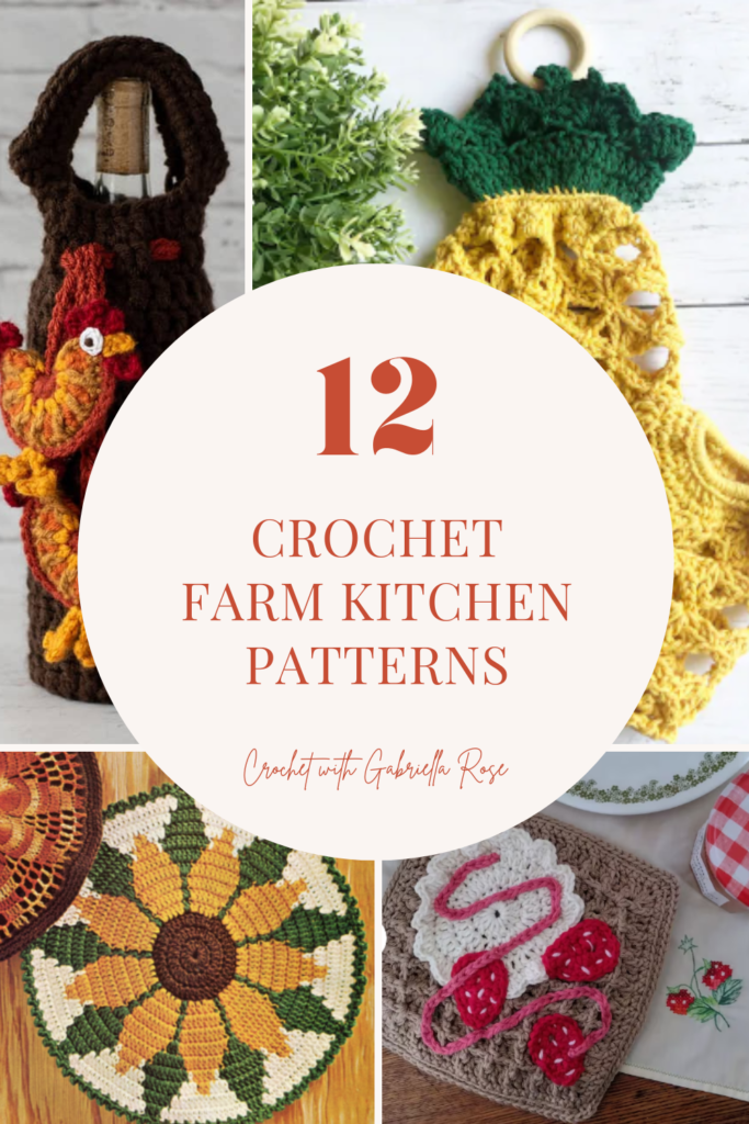 collage of crochet kitchen items